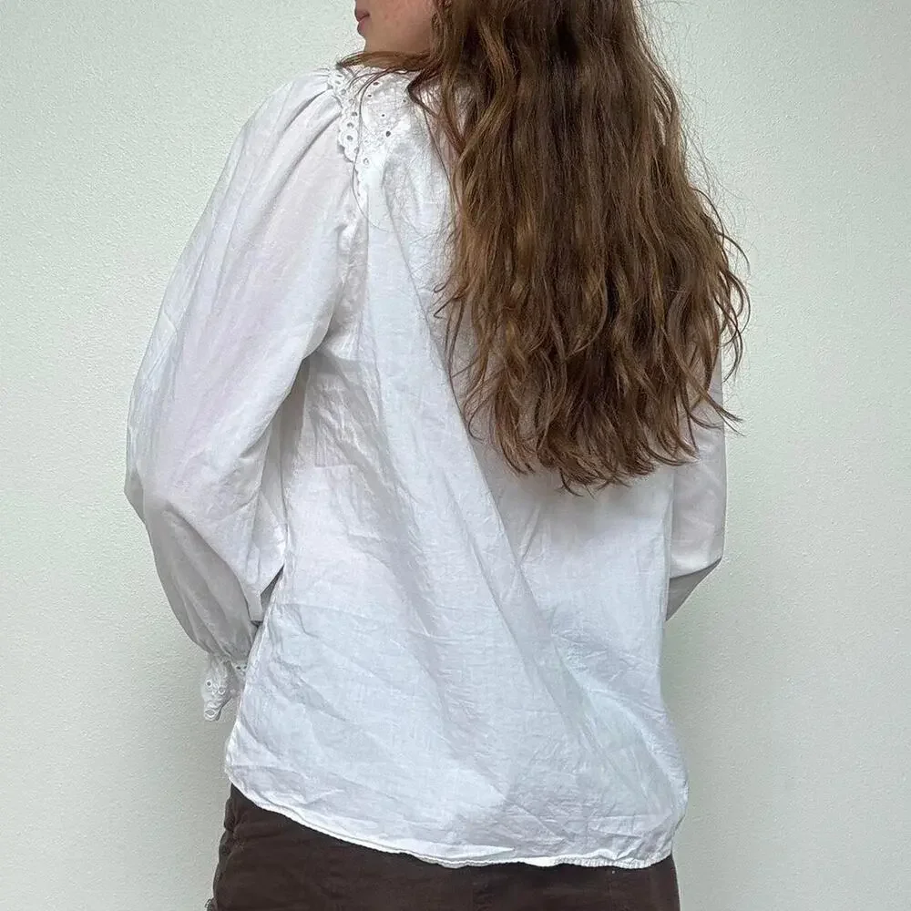 Zara white cotton blouse with lace eyelet collar